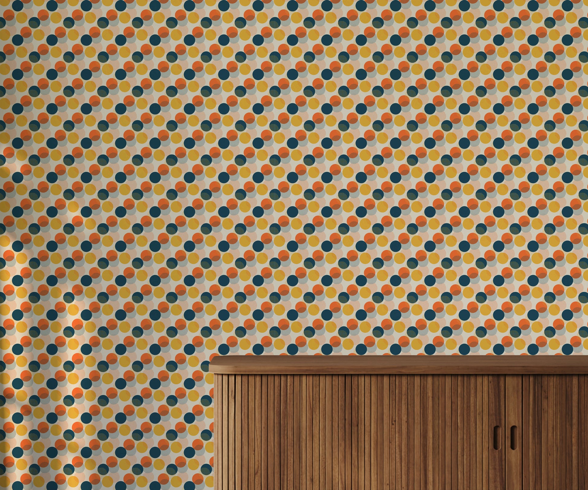 Mid Century Circle Wallpaper in Yellow Orange and Navy