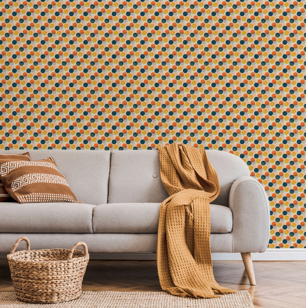 Mid Century Circle Wallpaper in Yellow Orange and Navy