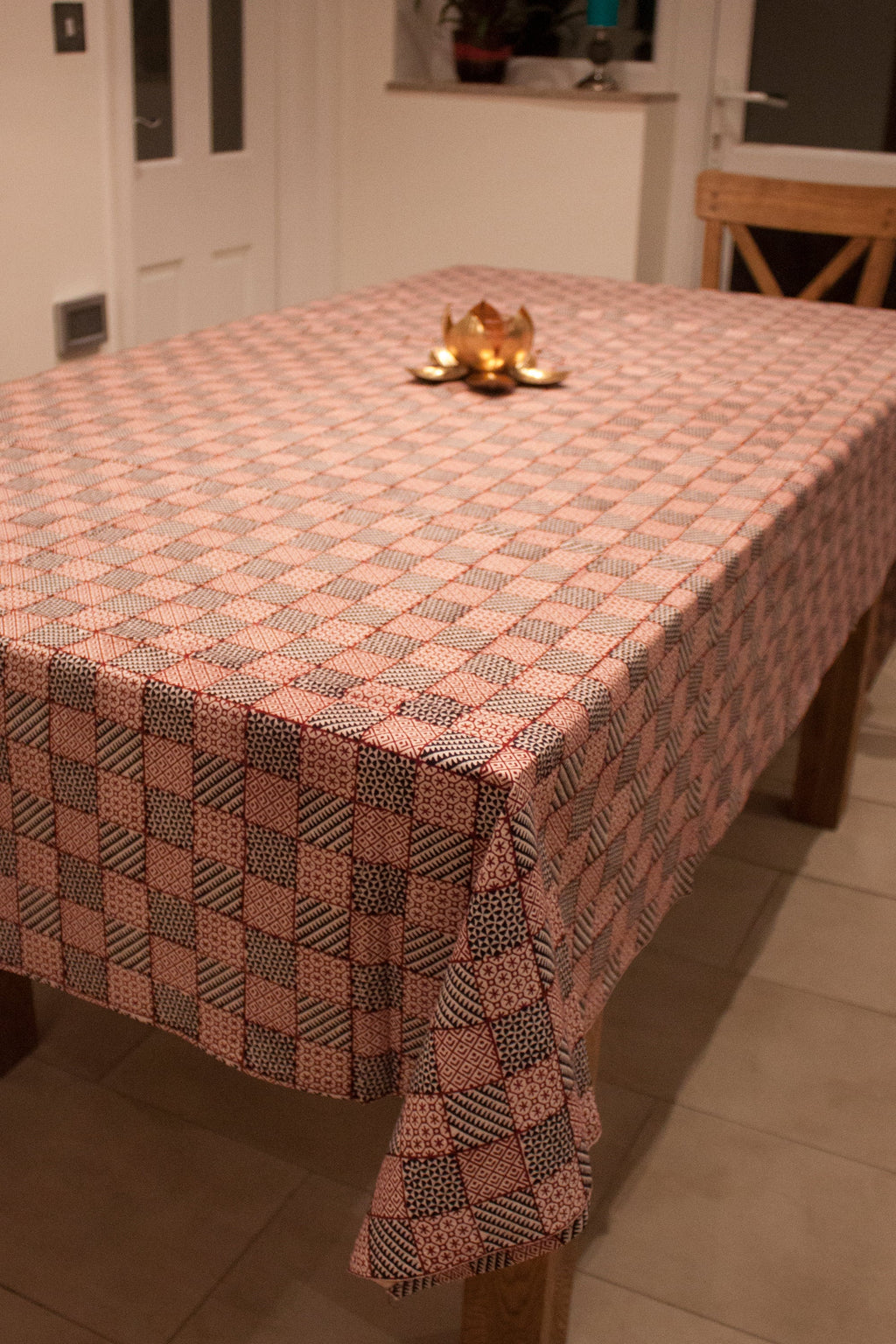 All Over Checks Mix Hand Block Print Table Cloth in White and Red
