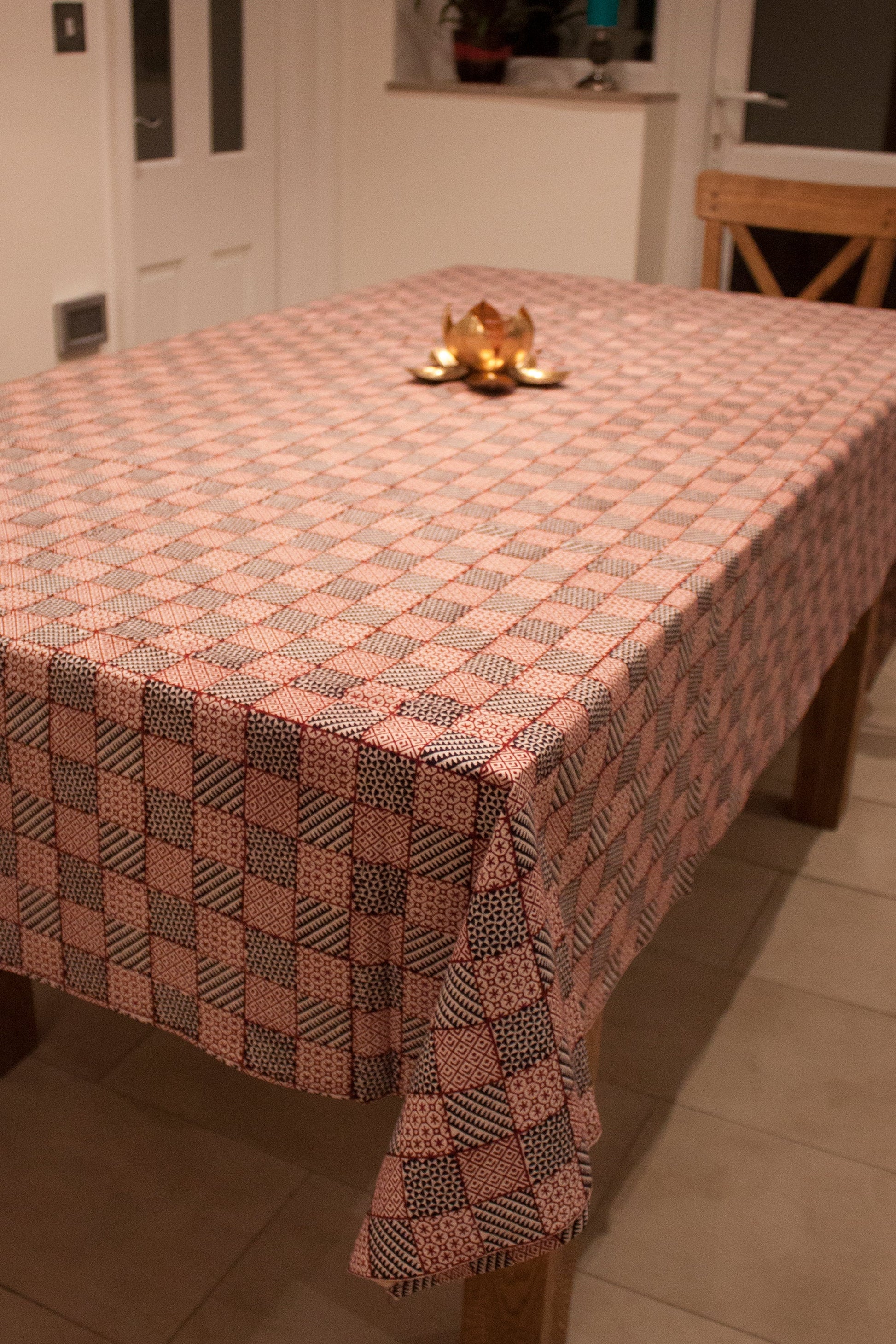 All Over Checks Mix Hand Block Print Table Cloth in White and Red