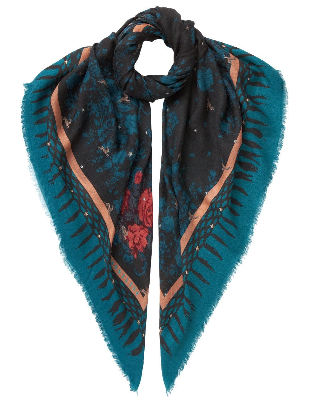 Teal Scarf with Bunnies and Florals Print