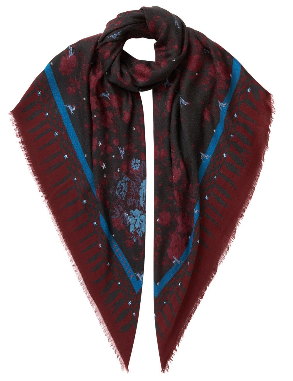 Burgundy Scarf with Bunnies and Florals Print