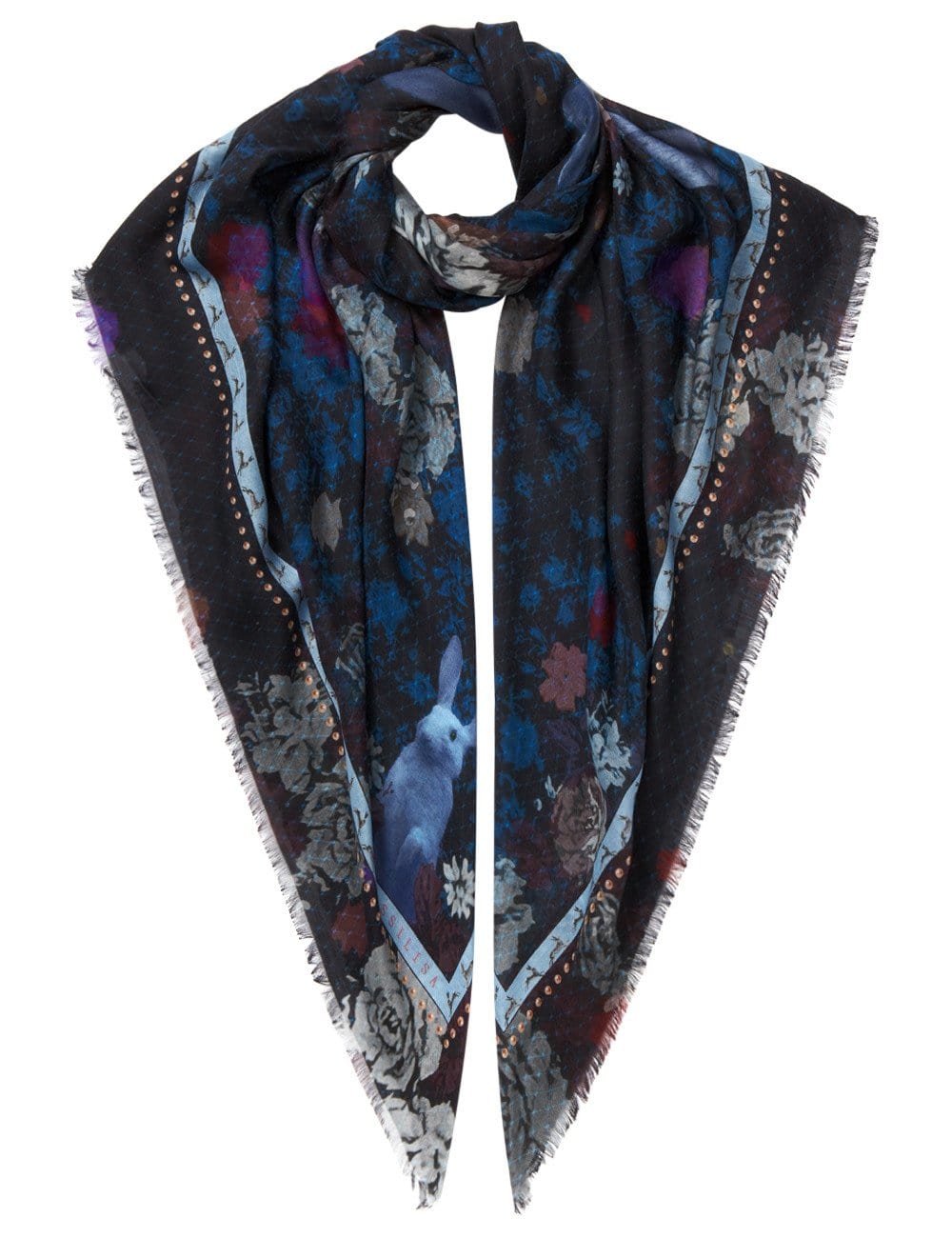 Midnight Blue Scarf with Bunnies and Florals Print