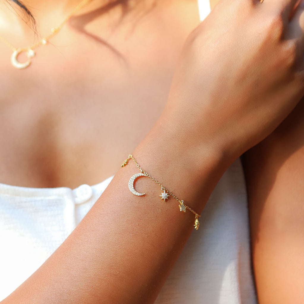 Moon and Star Charm Bracelet in 18k Gold Plated