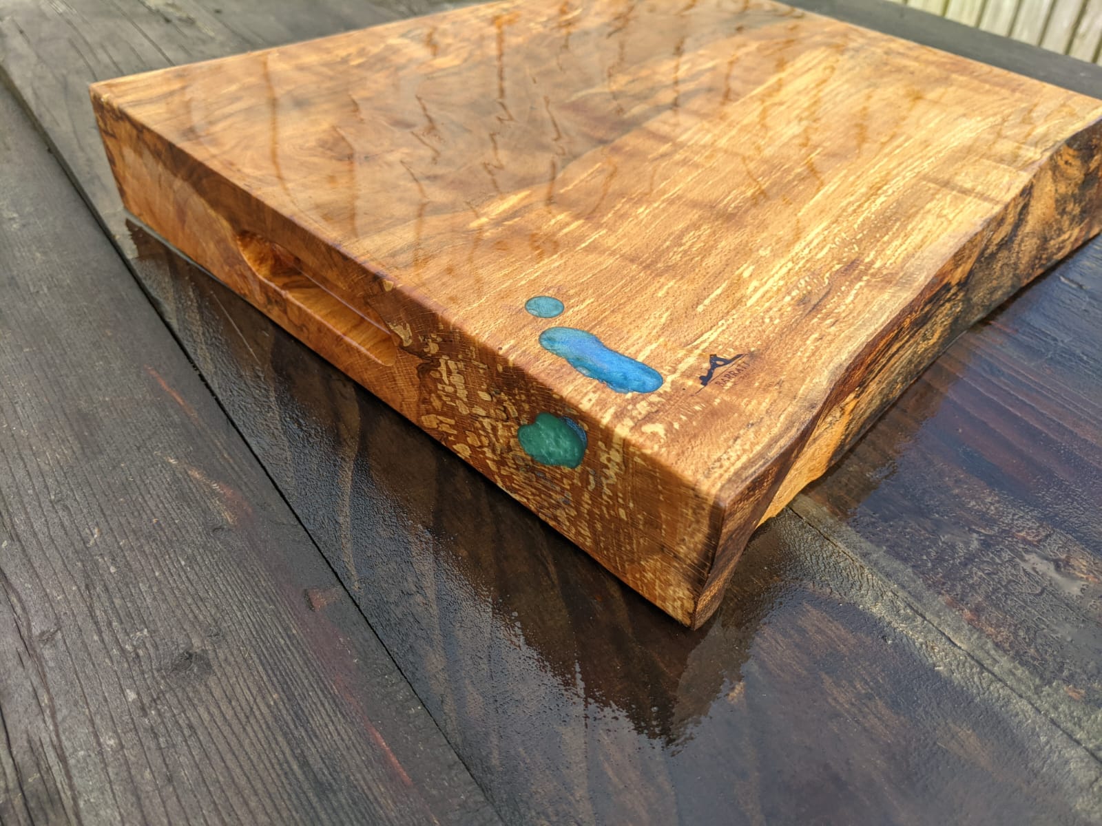Beech Kitchen Board with Blue Epoxy Detail 40cm