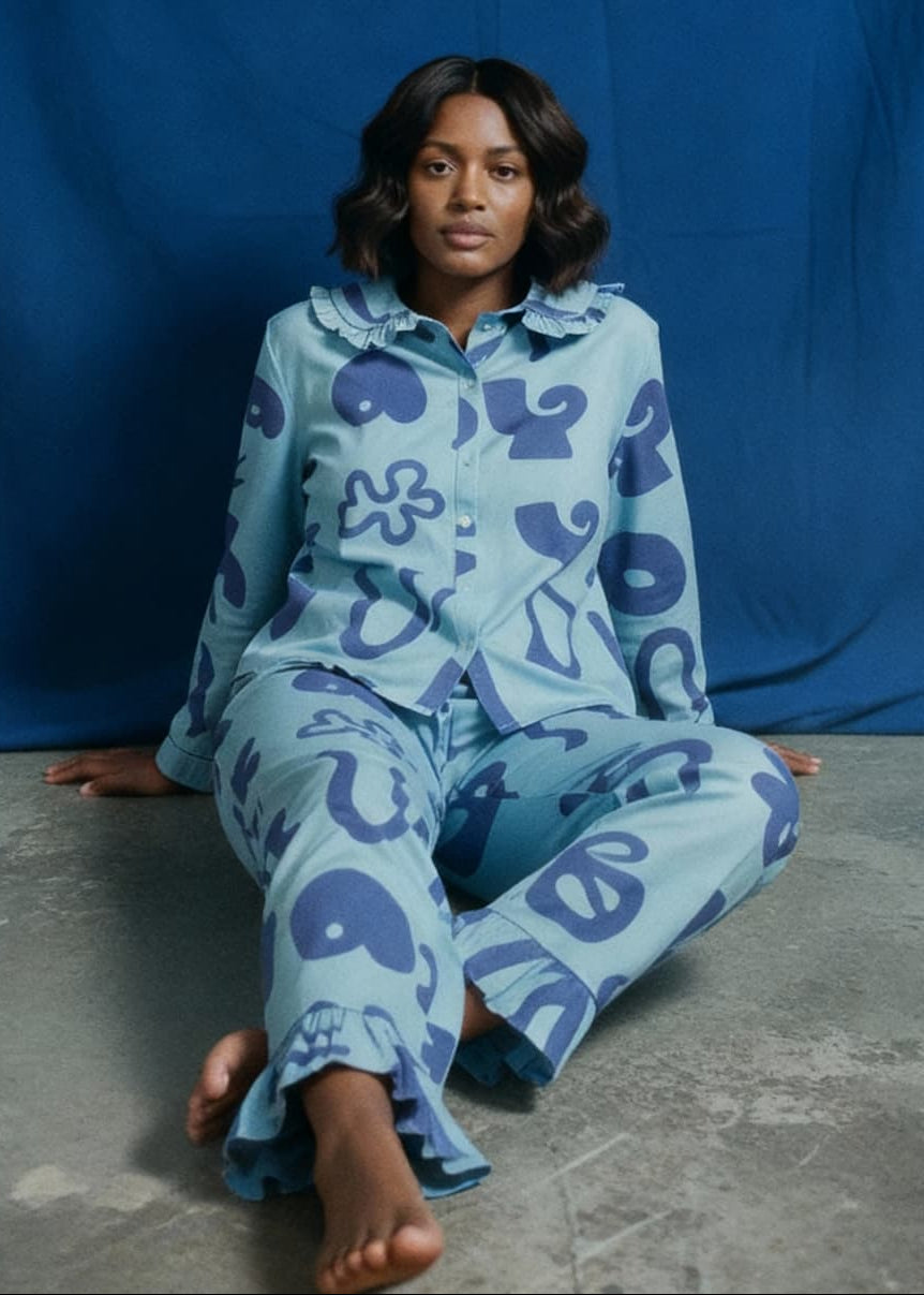 Organic Cotton Pyjama Bottoms in Blue Things Print