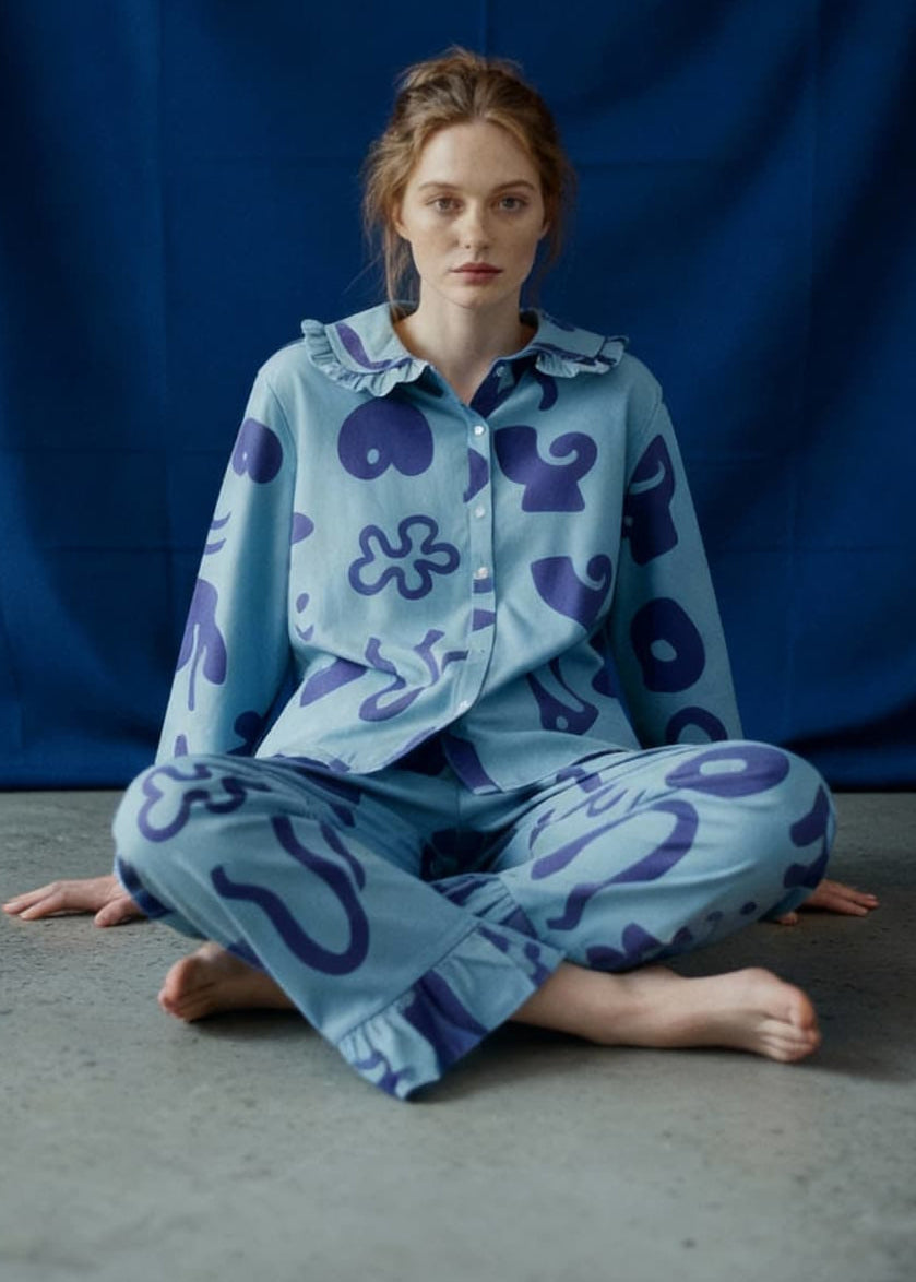 Organic Cotton Pyjama Bottoms in Blue Things Print