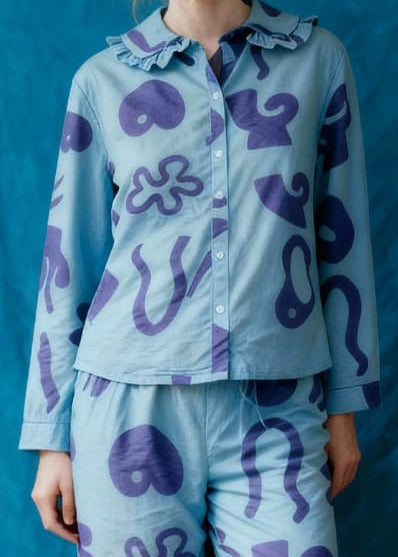 Organic Cotton Pyjama Shirt in Blue with Things Print