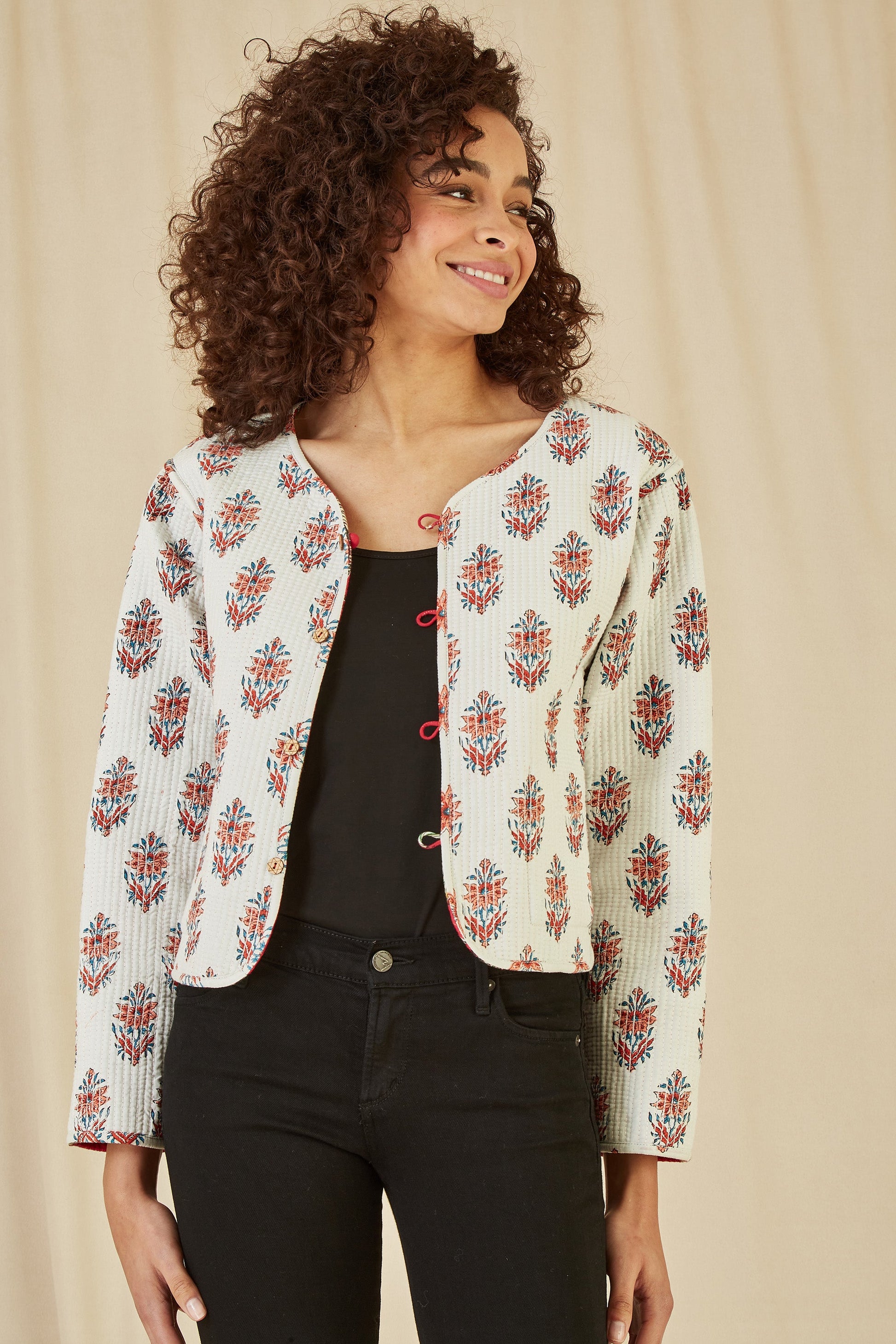 Red Animal Print Reversible Cotton Cropped Quilted Jacket