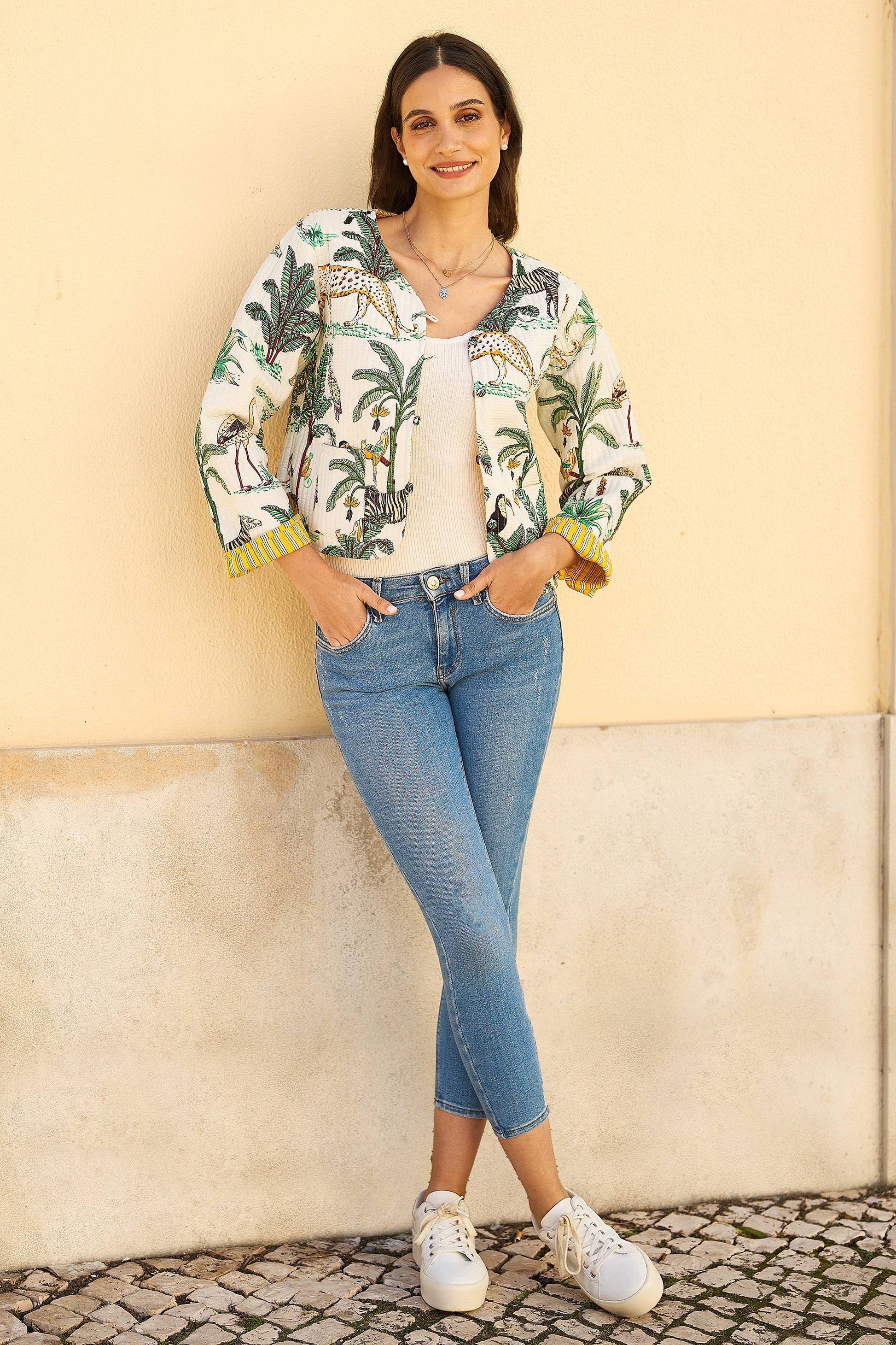 White Animal Reversible Cotton Quilted Jacket