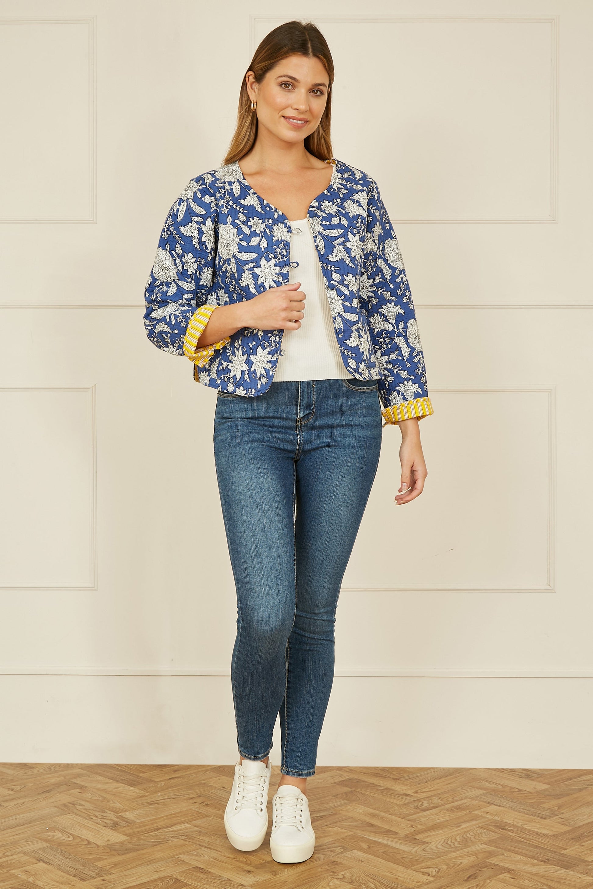 Blue Floral Reversible Cotton Quilted Jacket