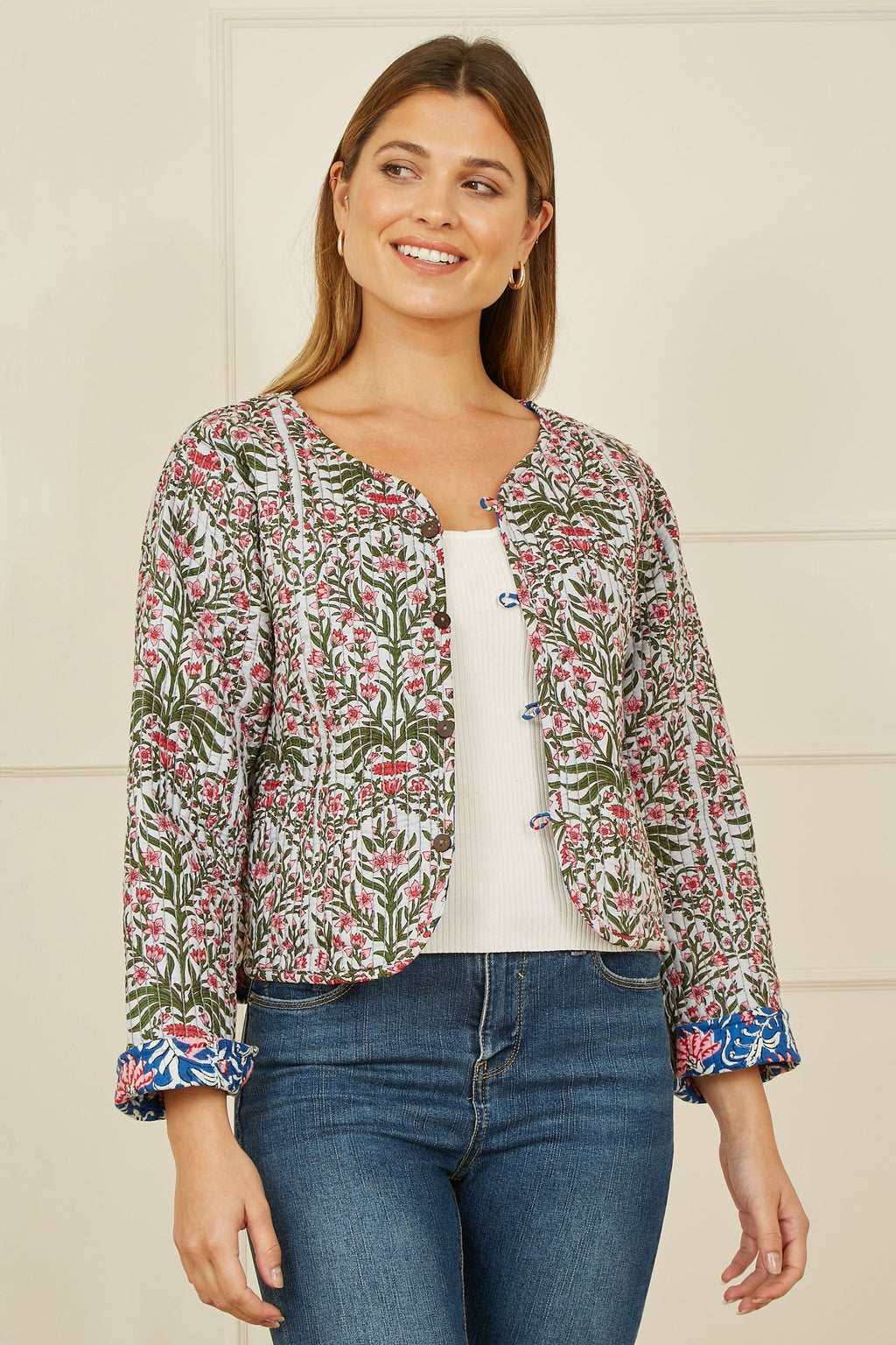 Blue Floral Reversible Cotton Quilted Jacket