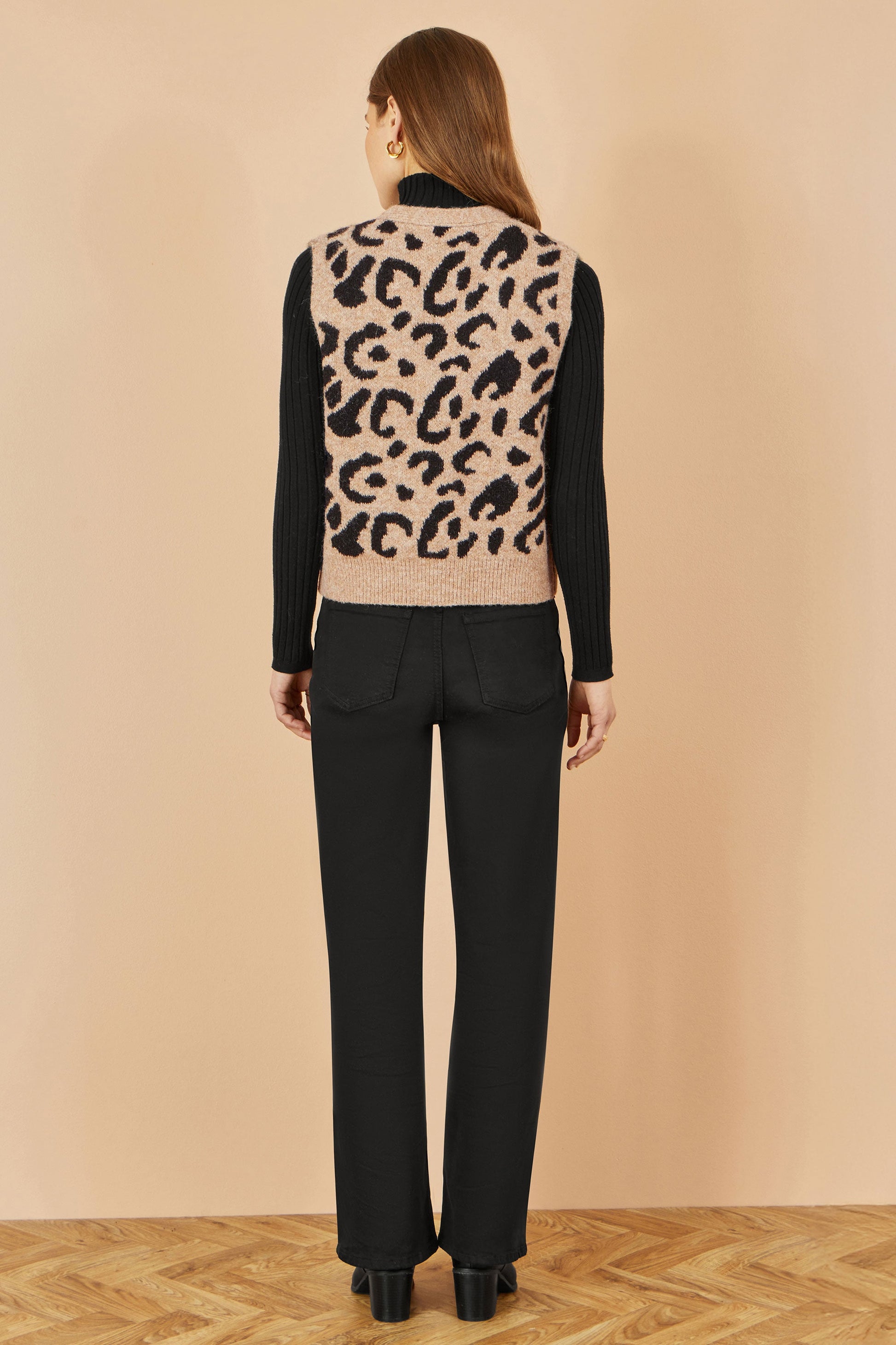 Beige Animal Print Tie Front Waistcoat in Soft Intarsia Knit