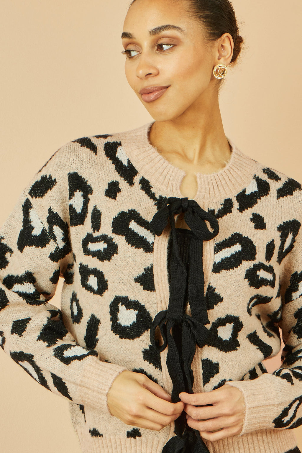 Beige Animal Print Intarsia Tie Front Cardigan