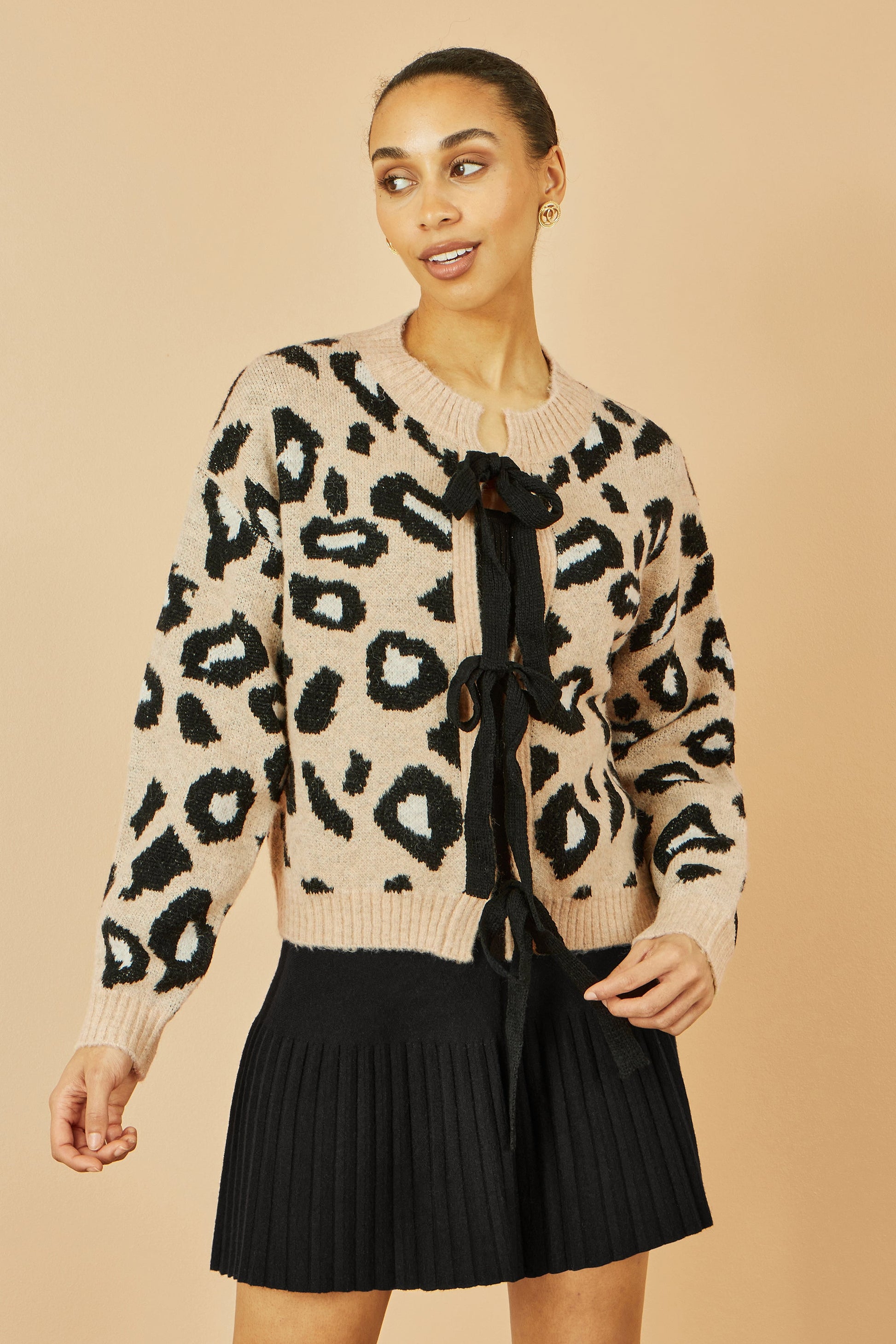 Beige Animal Print Intarsia Tie Front Cardigan