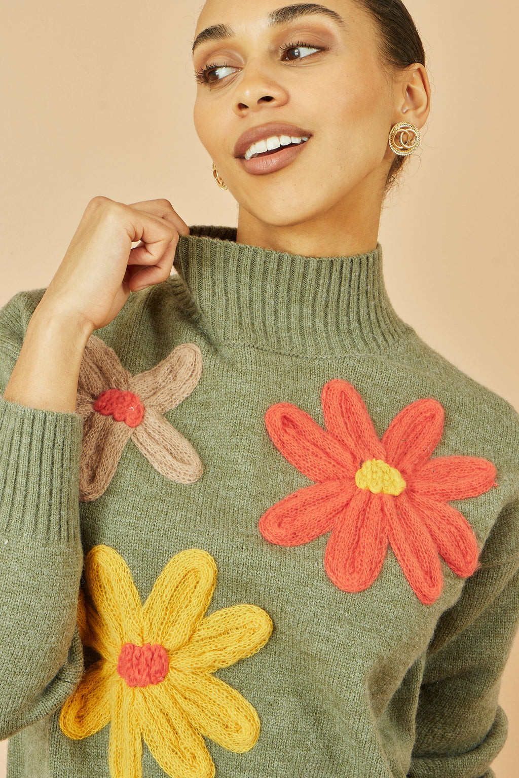 Green Knitted High Neck Jumper with Applique Flowers