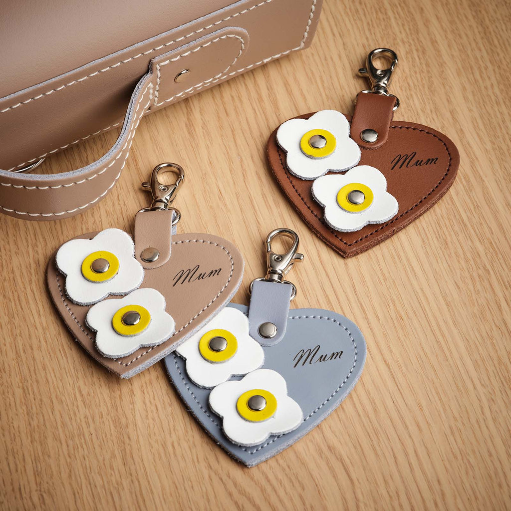 Love Heart Bag Charm with Mum Engraving and Flower Appliques in Chestnut