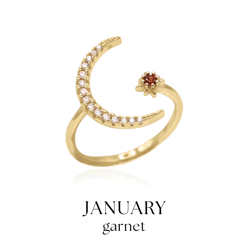 Star and Moon Birthstone Ring in 18K Gold Plated Silver