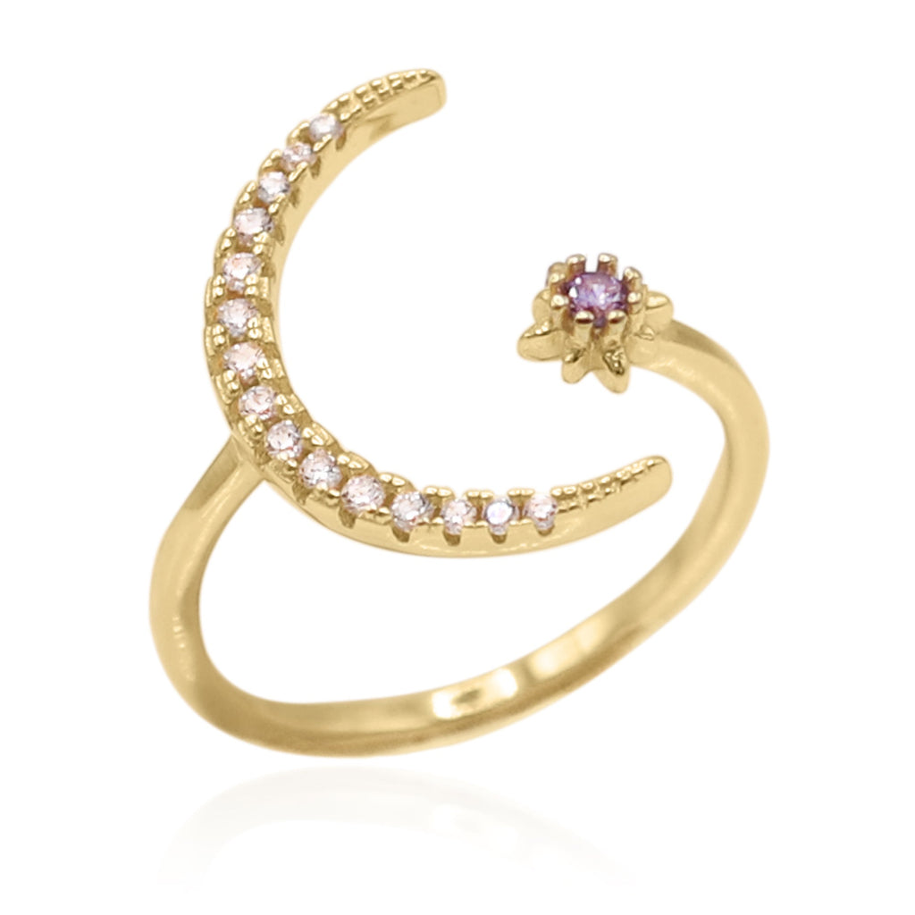 Star and Moon Birthstone Ring in 18K Gold Plated Silver