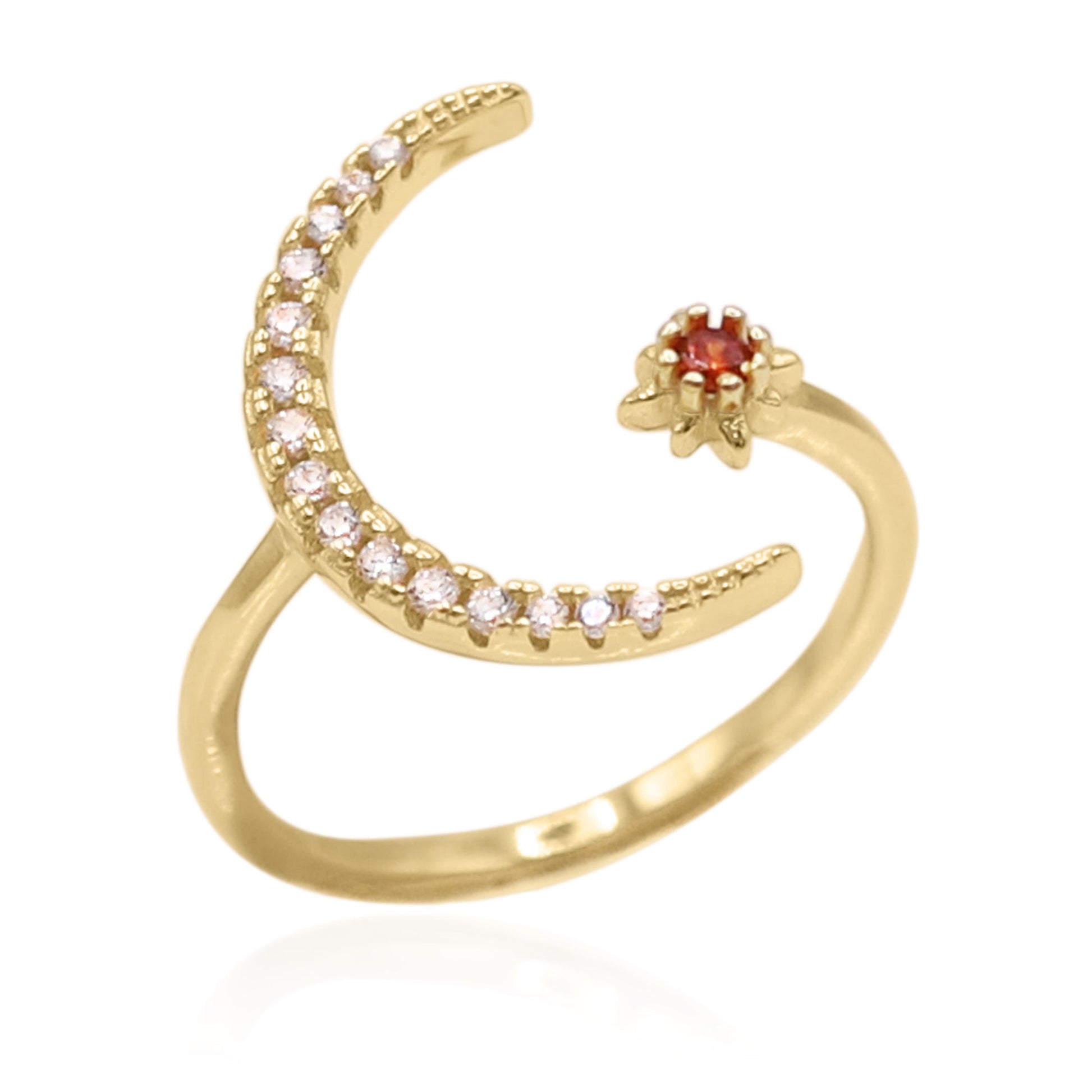Star and Moon Birthstone Ring in 18K Gold Plated Silver