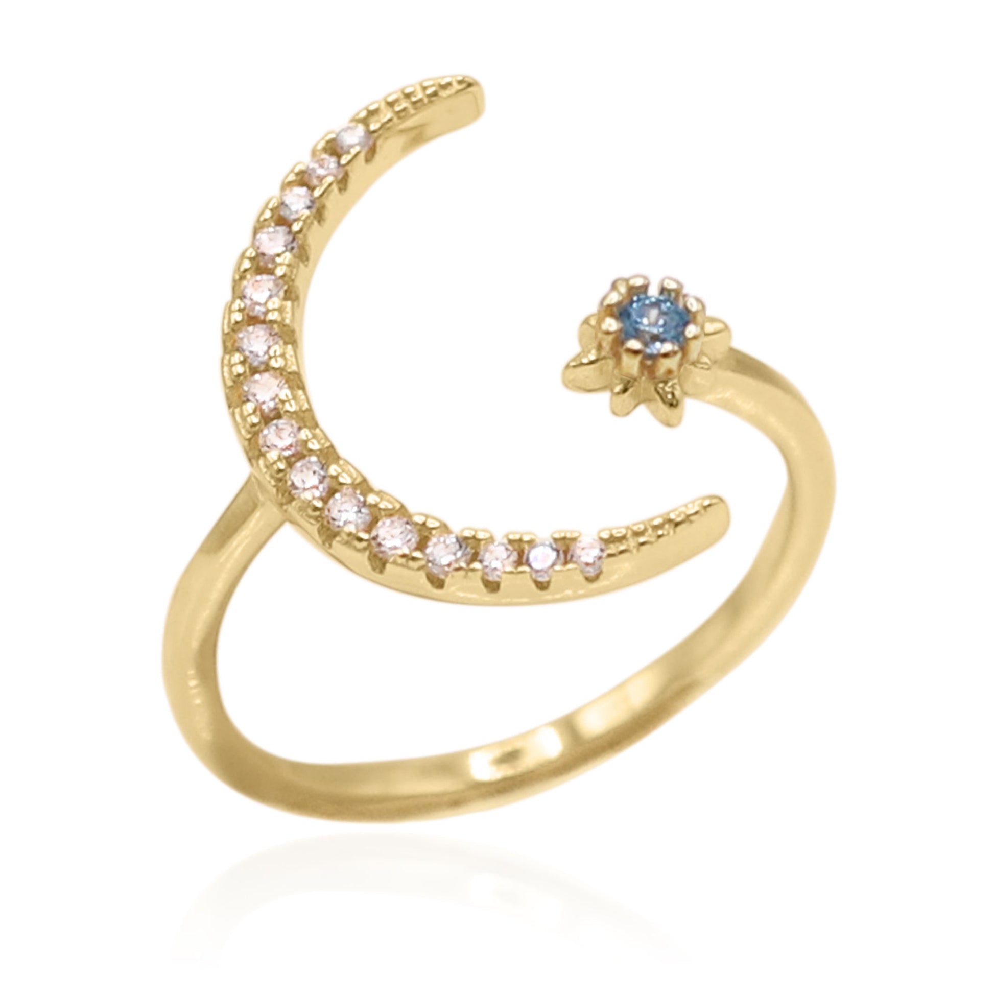Star and Moon Birthstone Ring in 18K Gold Plated Silver