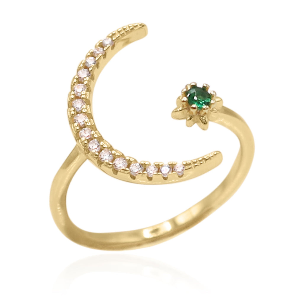 Star and Moon Birthstone Ring in 18K Gold Plated Silver