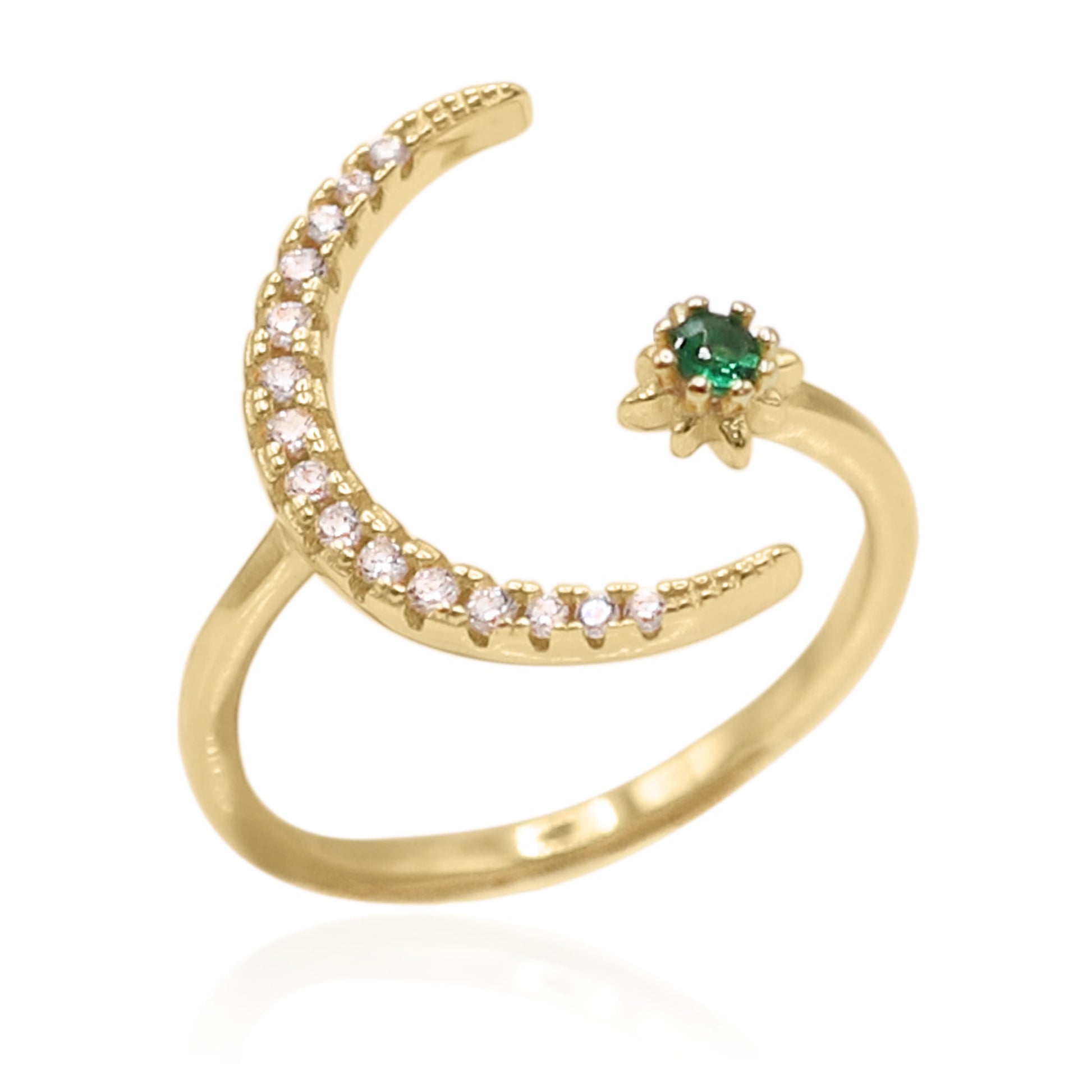 Star and Moon Birthstone Ring in 18K Gold Plated Silver