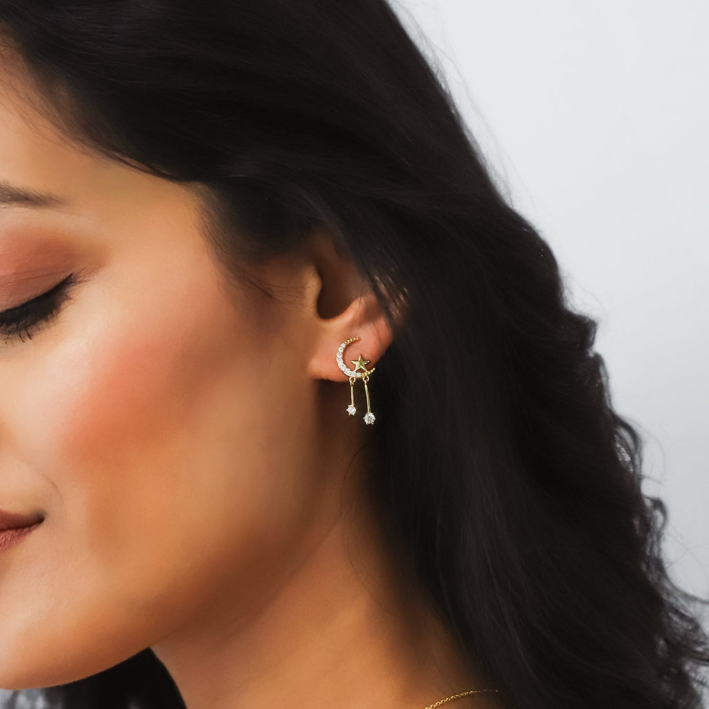 Moon and Star Drop Earrings in 18k Gold Plated Silver