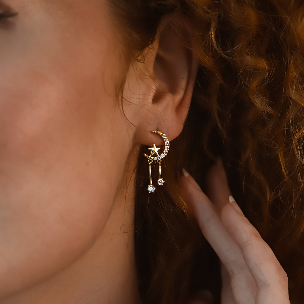 Moon and Star Drop Earrings in 18k Gold Plated Silver
