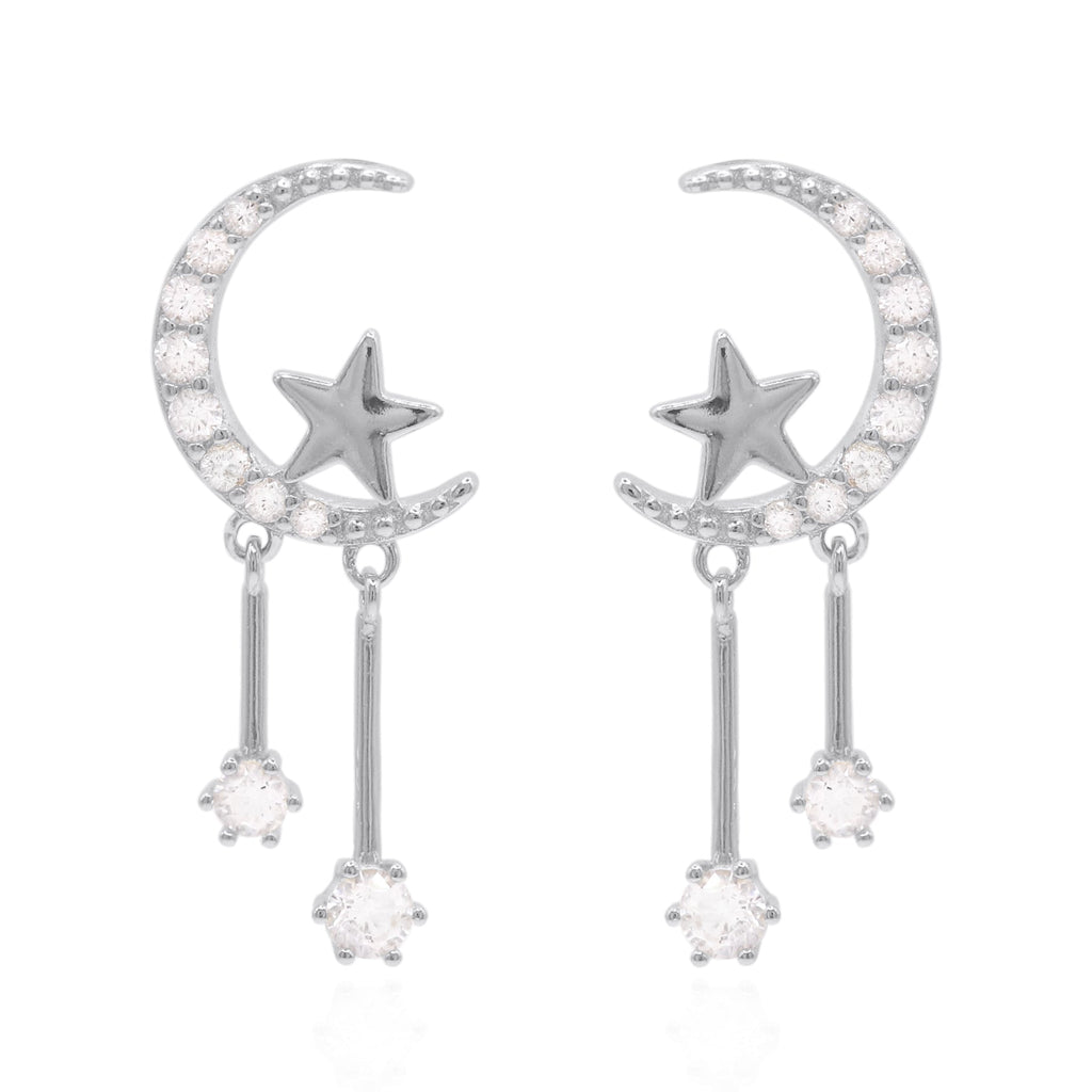 Moon and Star Drop Earrings in 925 Sterling Silver
