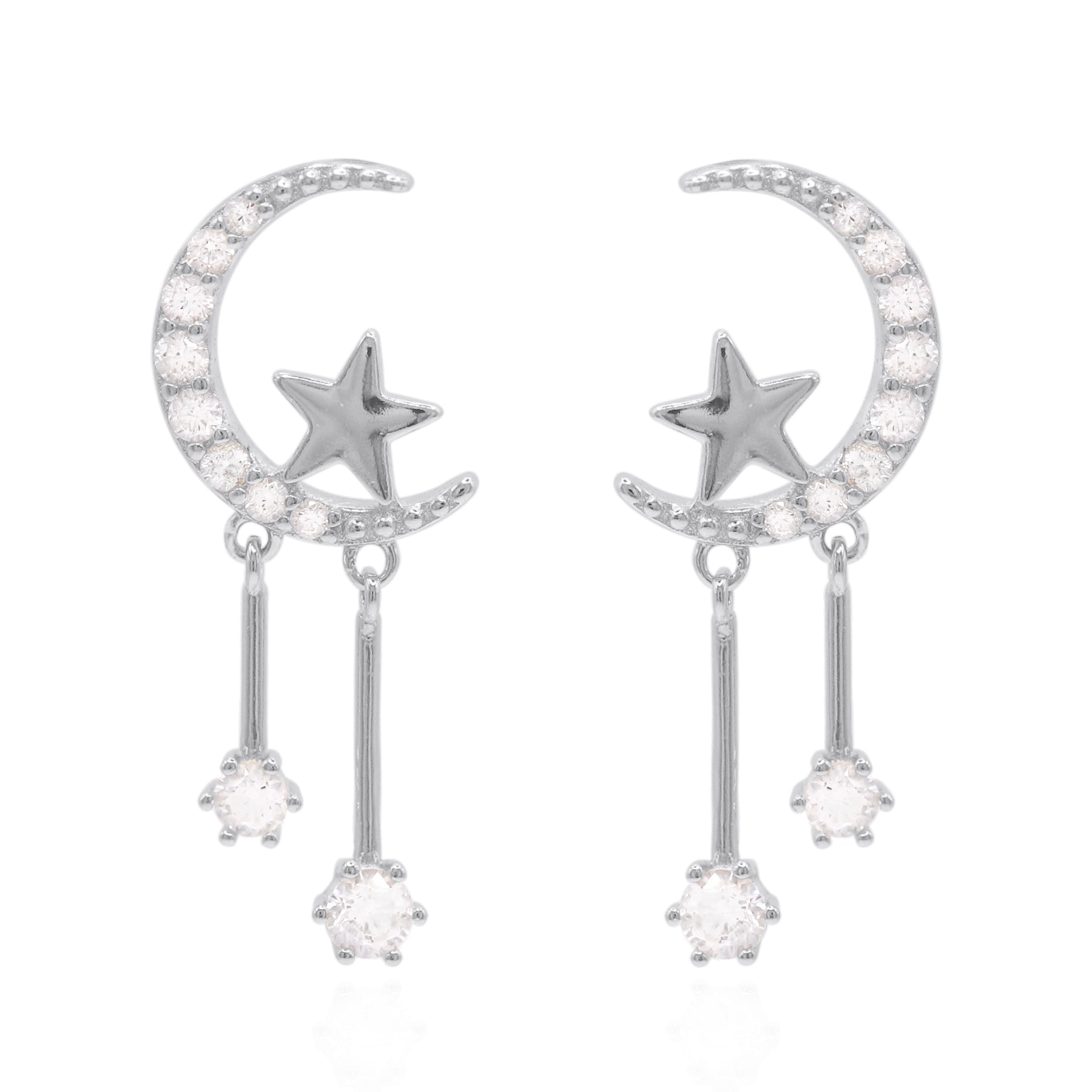 Moon and Star Drop Earrings in 925 Sterling Silver