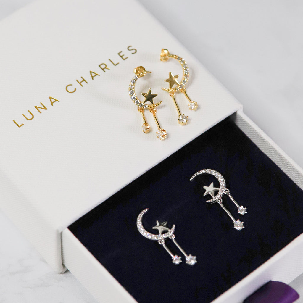 Moon and Star Drop Earrings in 925 Sterling Silver