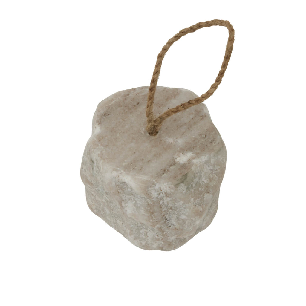 Handcrafted white marble doorstop with gray veining, minimalist geometric design for elegant home decor by RoomLondon at brixbailey.com