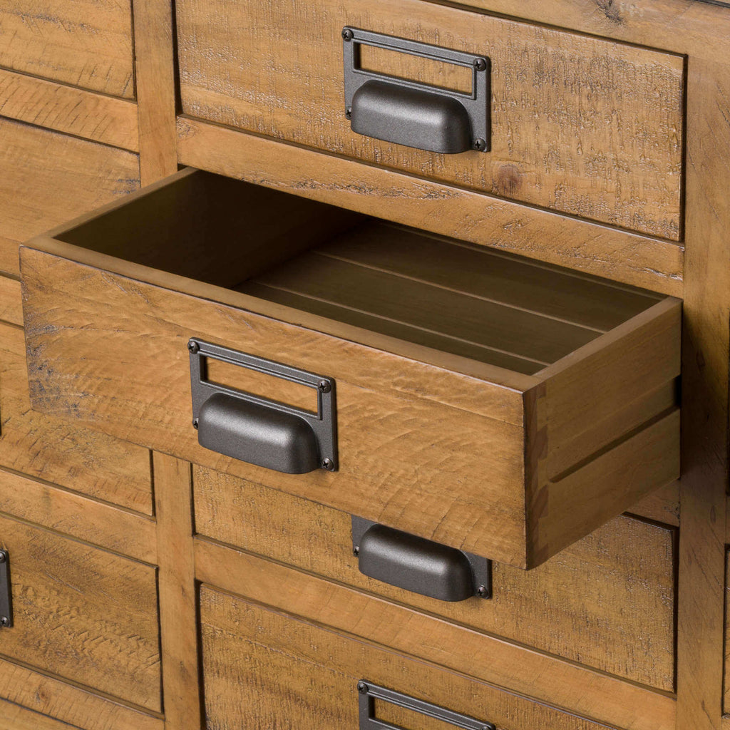 Industrial merchant chest with solid pine wood and gunmetal accents, featuring 20 storage compartments and rustic-industrial design by Sostter at brixbailey.com