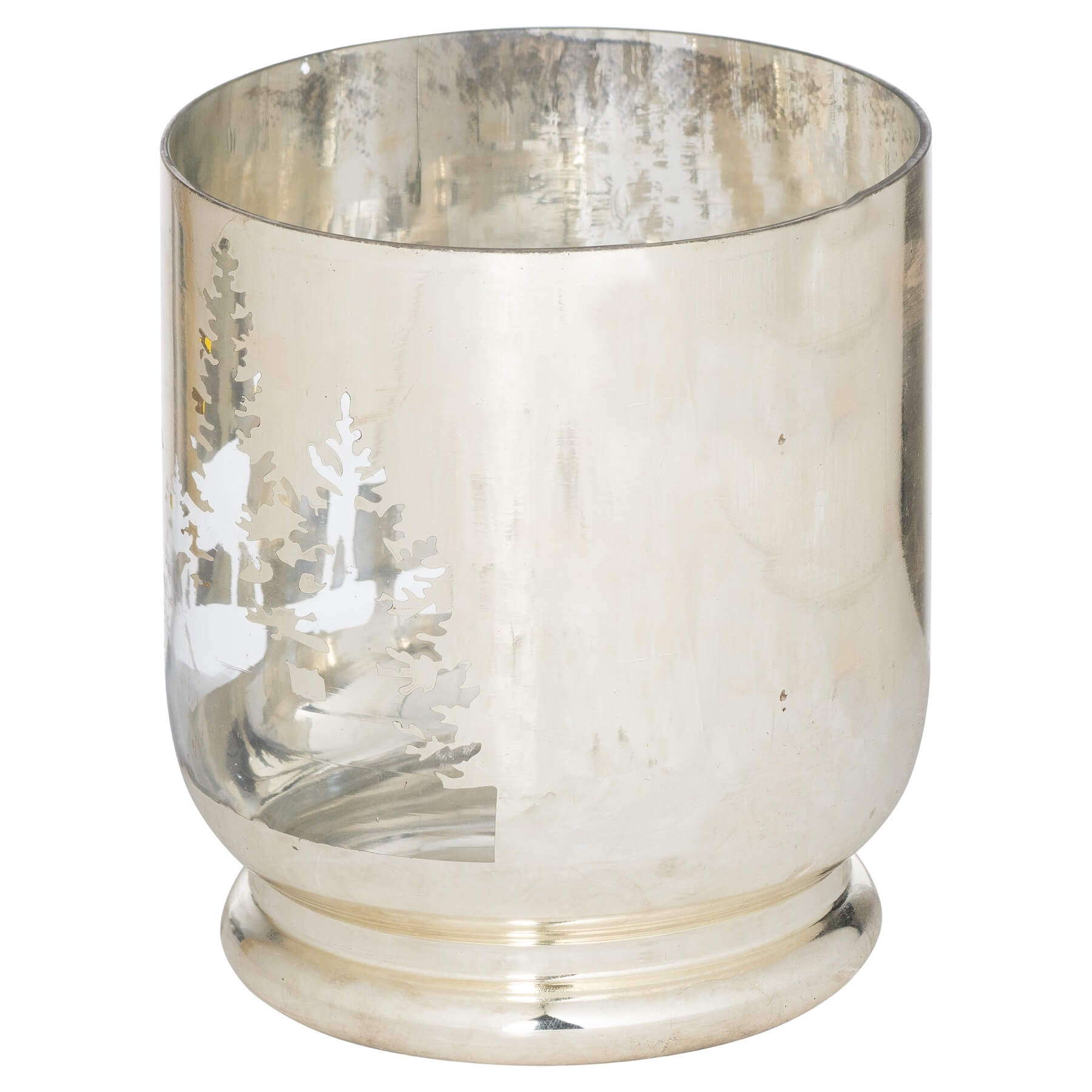 Handcrafted silver glass candle holder with tree motifs, 15cm tall, from Noel holiday collection by RoomLondon at brixbailey.com