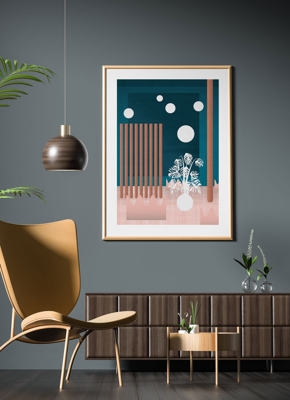 Abstract Vector Art Print with Floating Plant Leaves