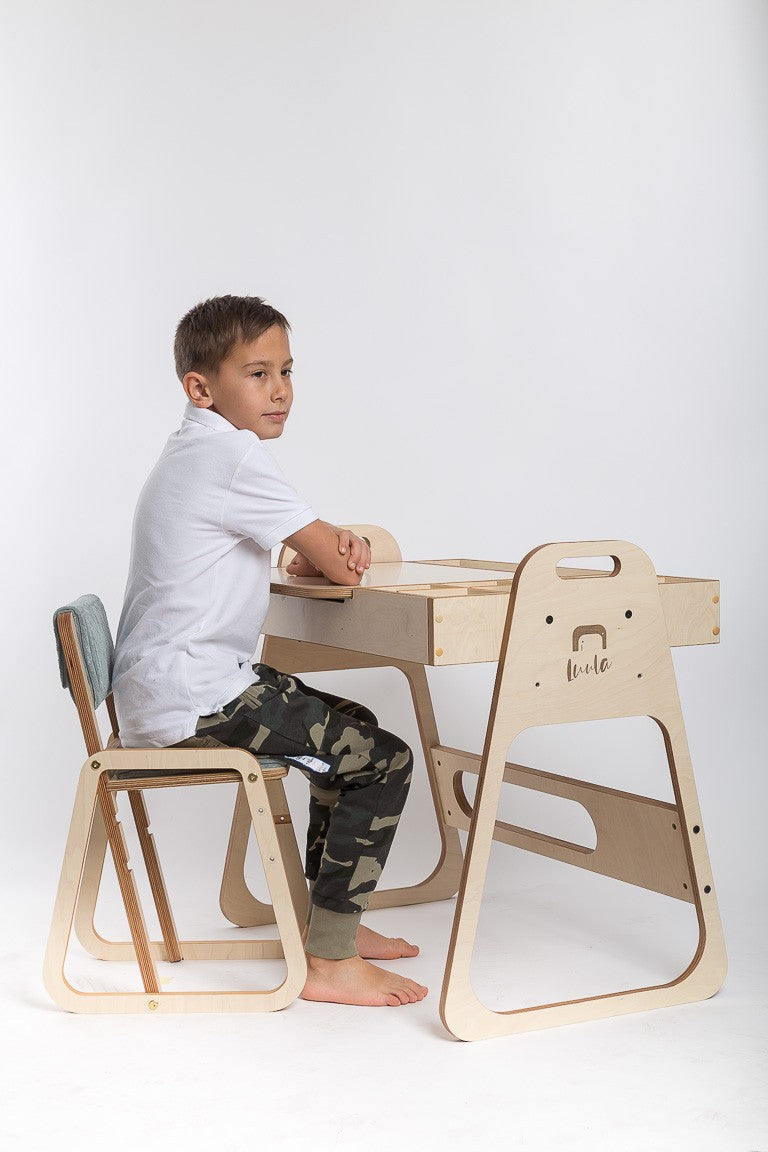 mint green kids montessori table set with storage compartments and drawing boards