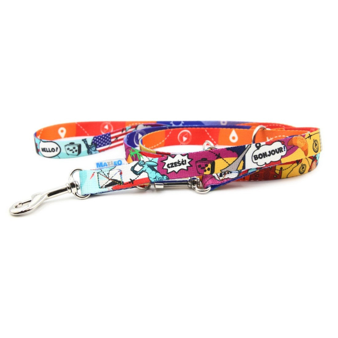 functional travel leash with adjustable clasp and eiffel tower pattern detail