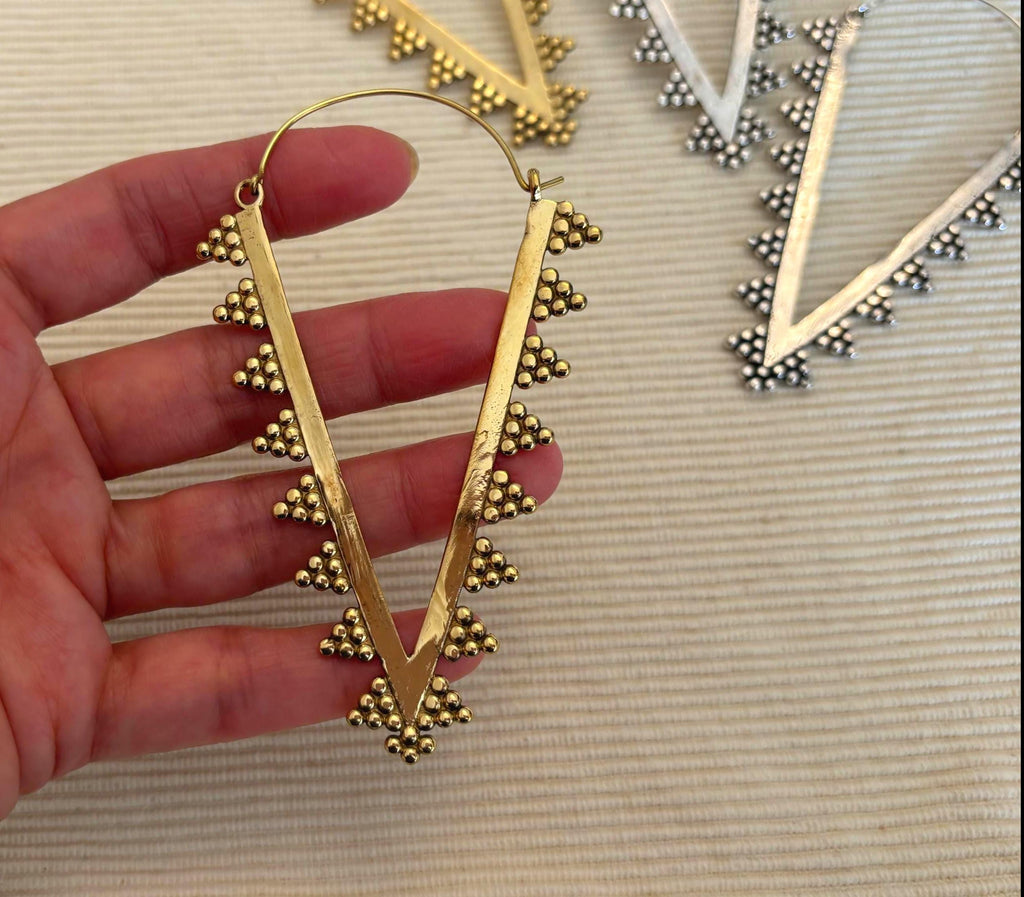 Spike Hoops Edgy Brass Triangle Earrings with Boho Desert Vibes
