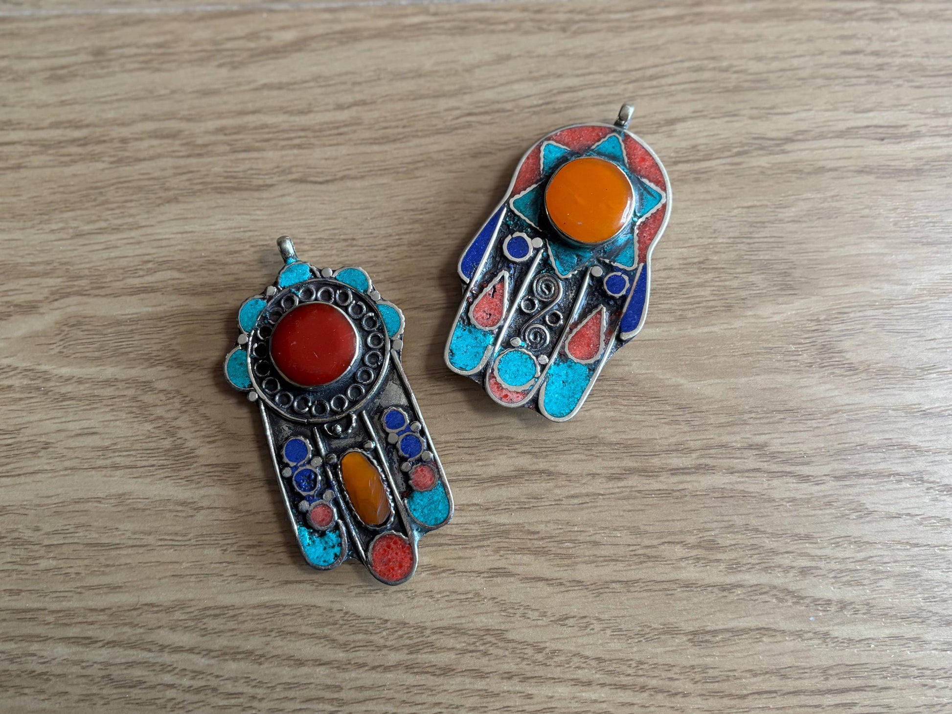 Large Hamsa Hand Pendant with Amber Lapis Turquoise and Coral Stone