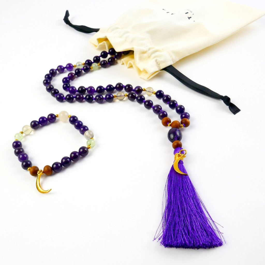 Amethyst Mala Necklace and Bracelet Set with Meditation Course
