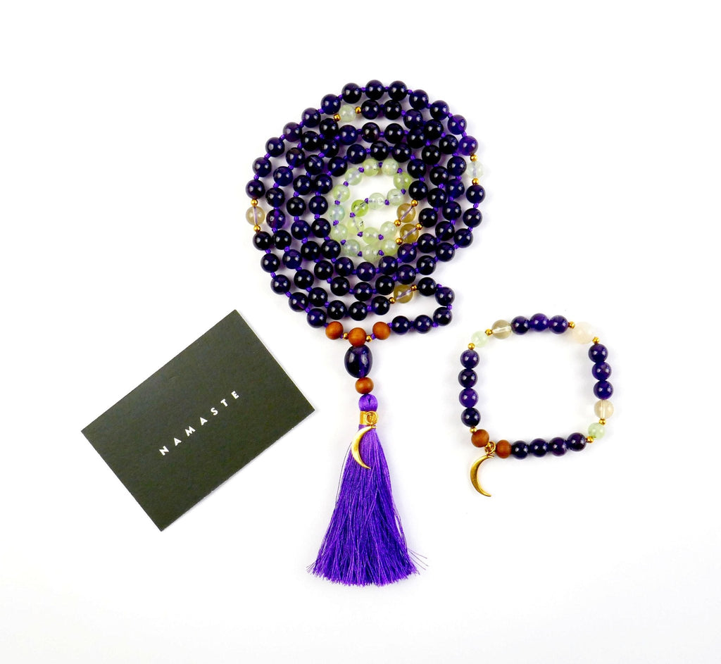Amethyst Mala Necklace and Bracelet Set with Meditation Course
