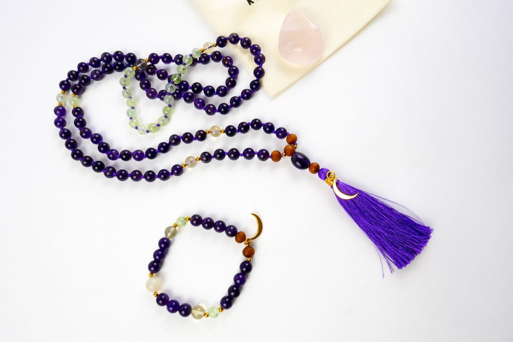Amethyst Mala Necklace and Bracelet Set with Meditation Course