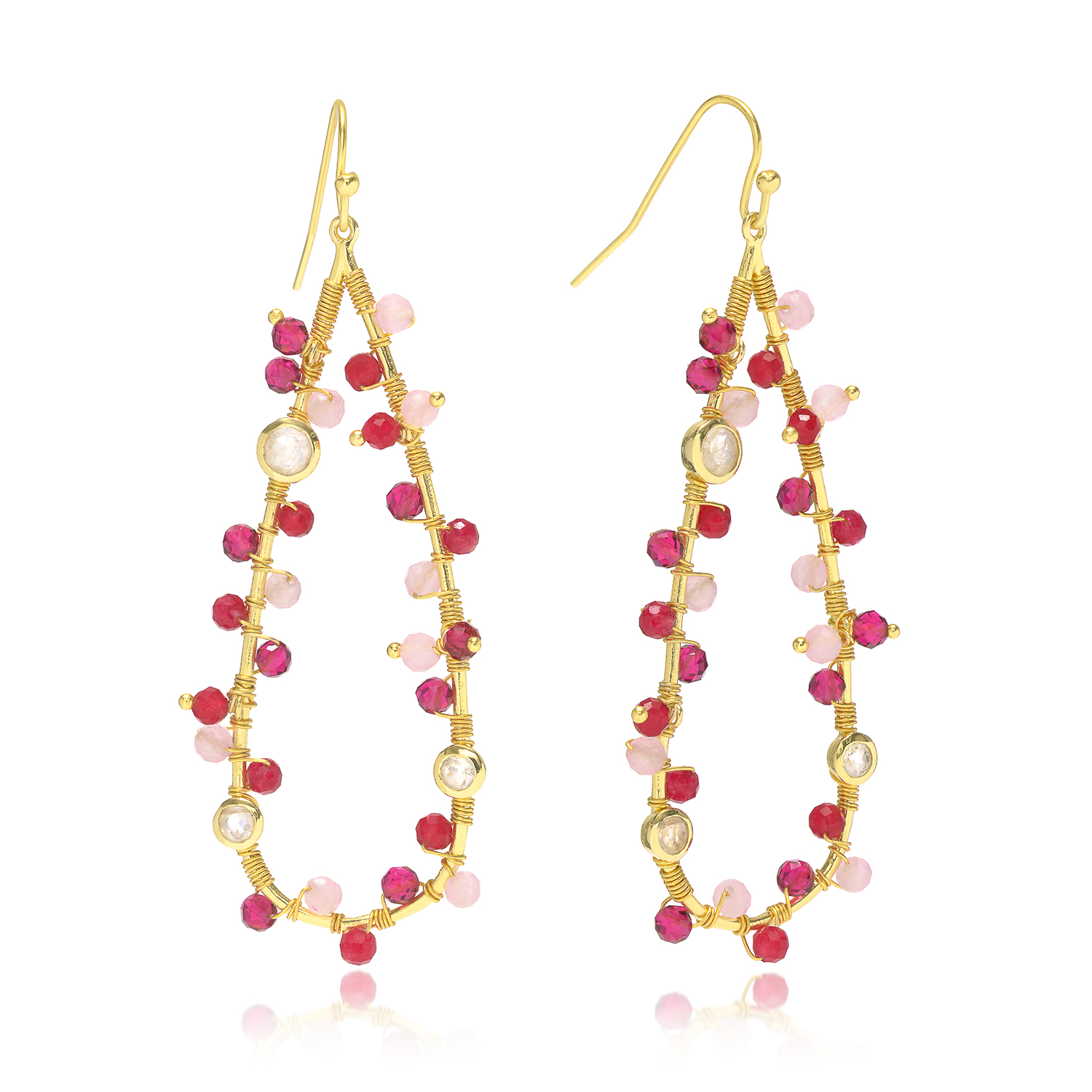 Large Teardrop Wire Wrapped Gemstone Earrings in Moonstone and Rose Quartz