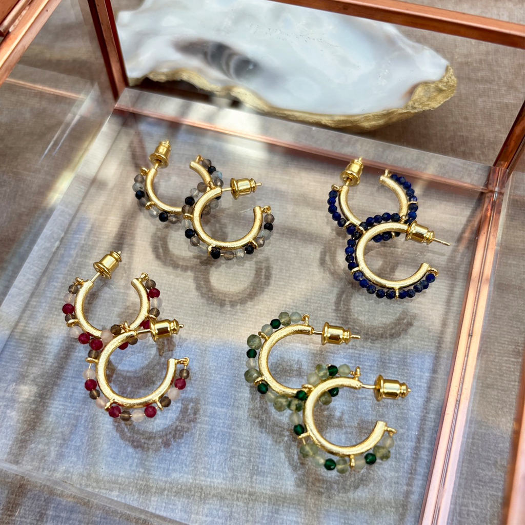 Ophelia Small Gemstone Hoops Smoky Quartz, Labradorite & Black Onyx