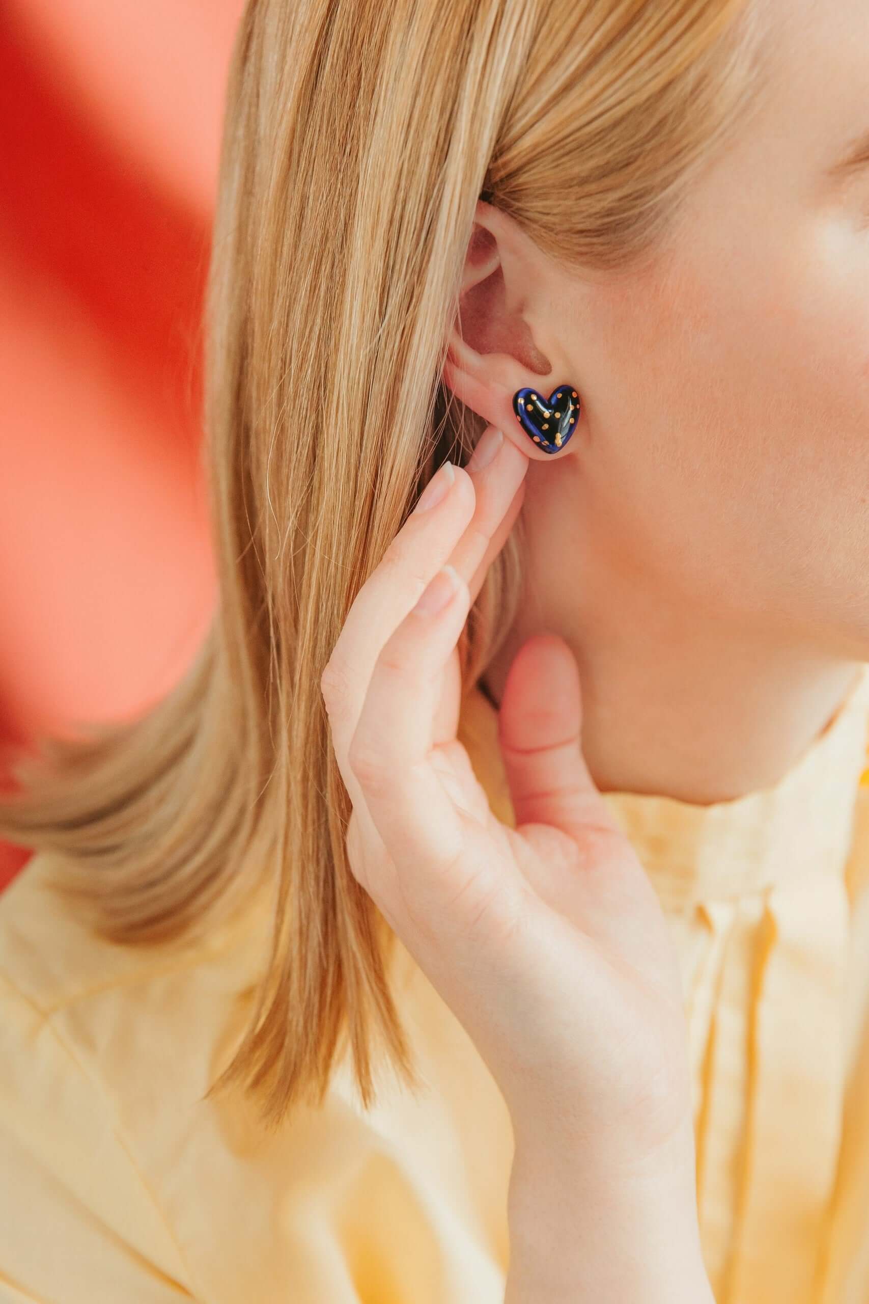 Dotted Porcelain Heart Studs -  Blue
