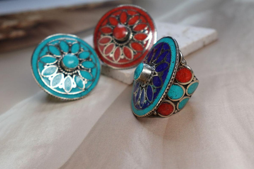 Boho Mandala Statement Ring in Turquoise, Coral and Lapis