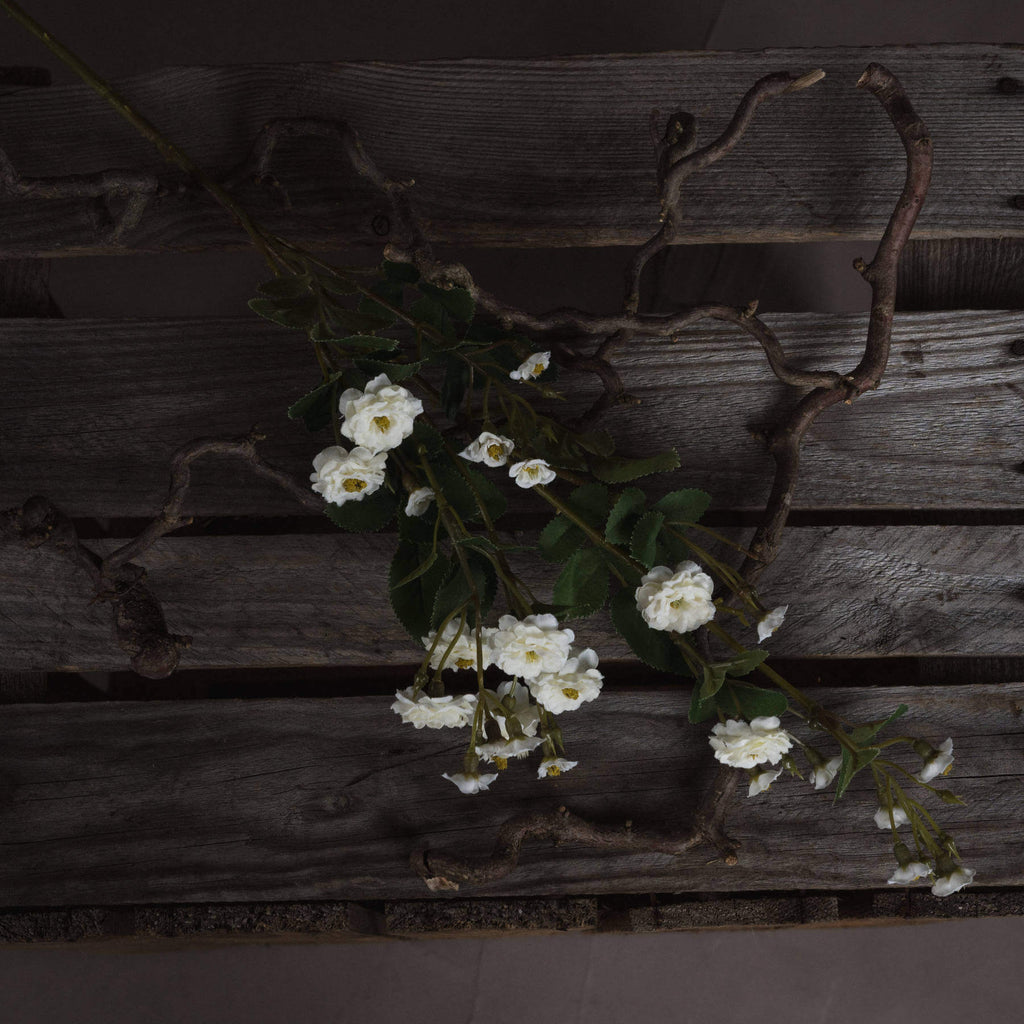 White wild meadow rose floral spray with lifelike plastic petals, perfect for minimalist home decor. by sostter at brixbailey.com