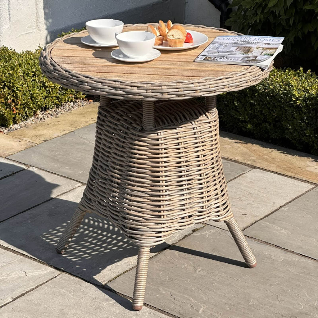 Beige Amalfi bistro table with metal frame and wood top, 70x70cm, perfect for outdoor dining on patio or garden (124 chars) by sostter at brixbailey.com