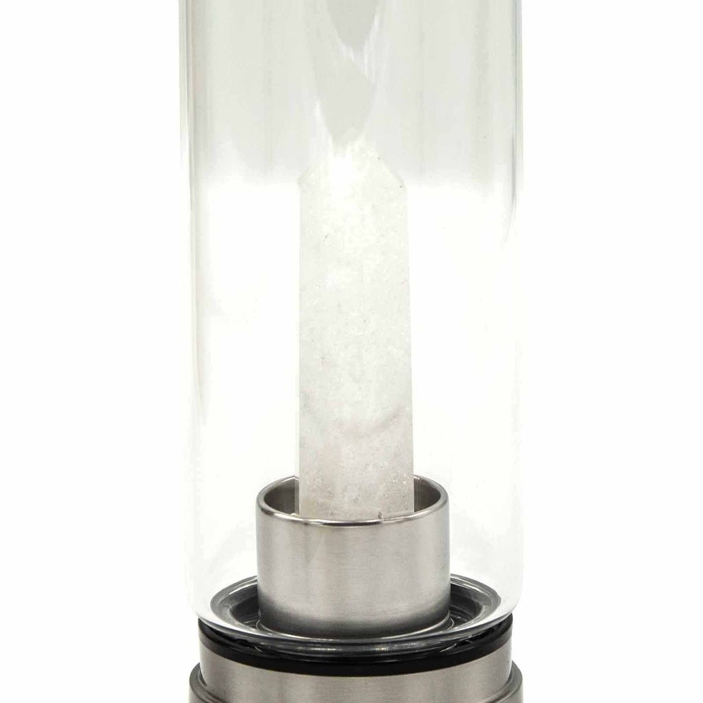 Crystal Infused Glass Water Bottle with Clear Quartz Obelisk